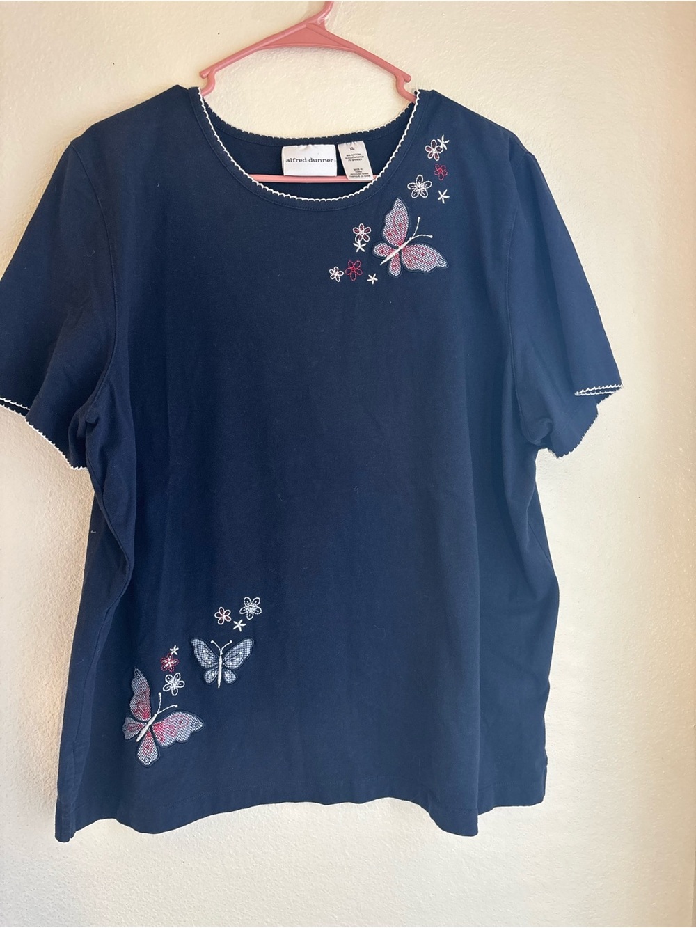 Alfred Dunner XL Navy Butterfly Embroidered Top Floral Short Sleeve Cottagecore